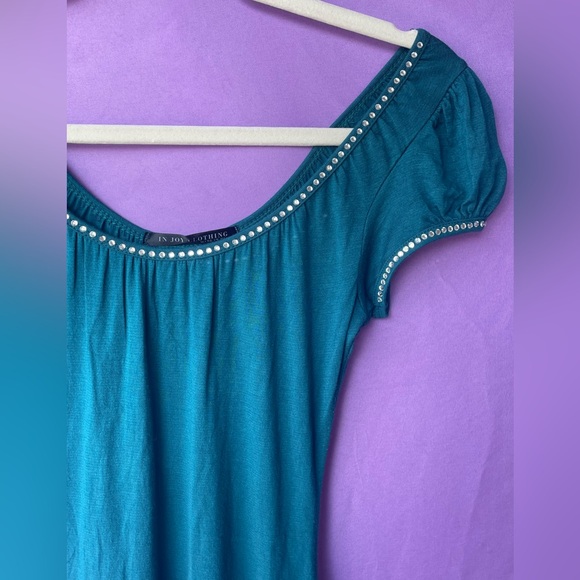 In Joy Teal Green Short Sleeve T- Shirt with Rein-Stone Detailing Size Medium - Picture 12 of 14